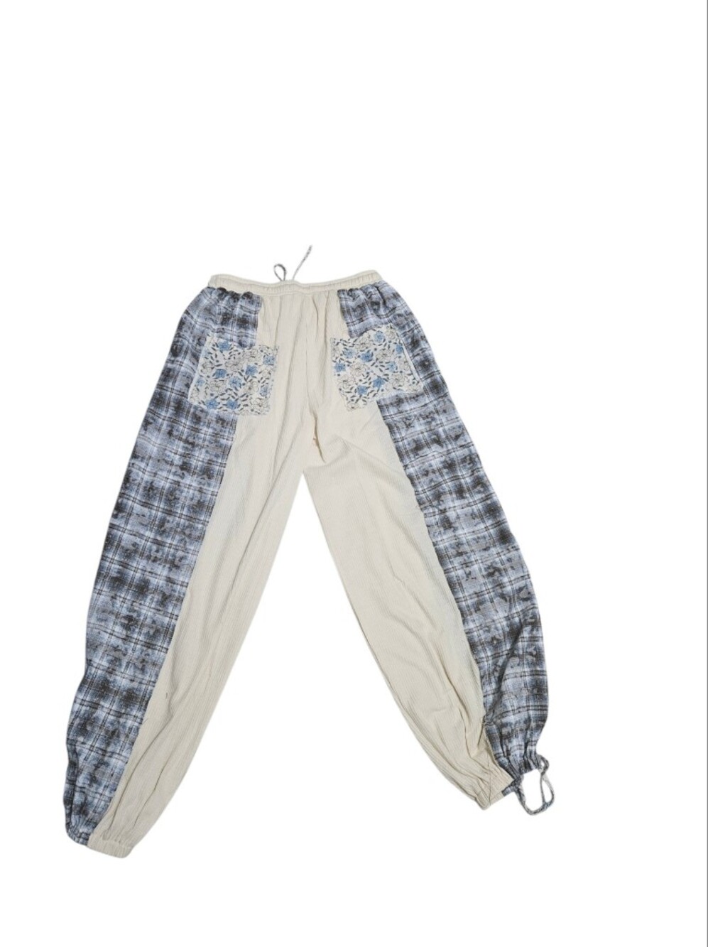 POL Boho Blue Cream Plaid Floral Cotton Jogger Pants NEW - Picture 4 of 6